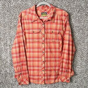 Cabela's Top Womens XL Orange Plaid Tech Double Front Pocket Button Down Flannel